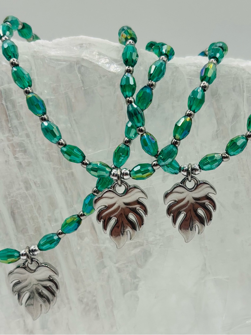 *ANKLET* S. Steel Silver Leaf & AB Green Crystal Stretchy Anklet